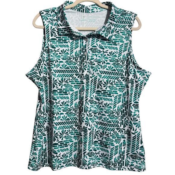 Iron Wood green and white print sleeveless dri-fit style polo shirt Large - Picture 1 of 7